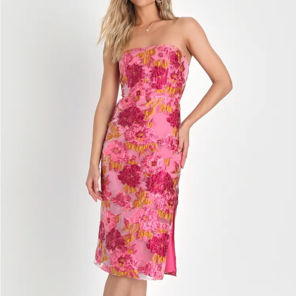 Pink Floral Jacquard Strapless Bustier Midi Dress